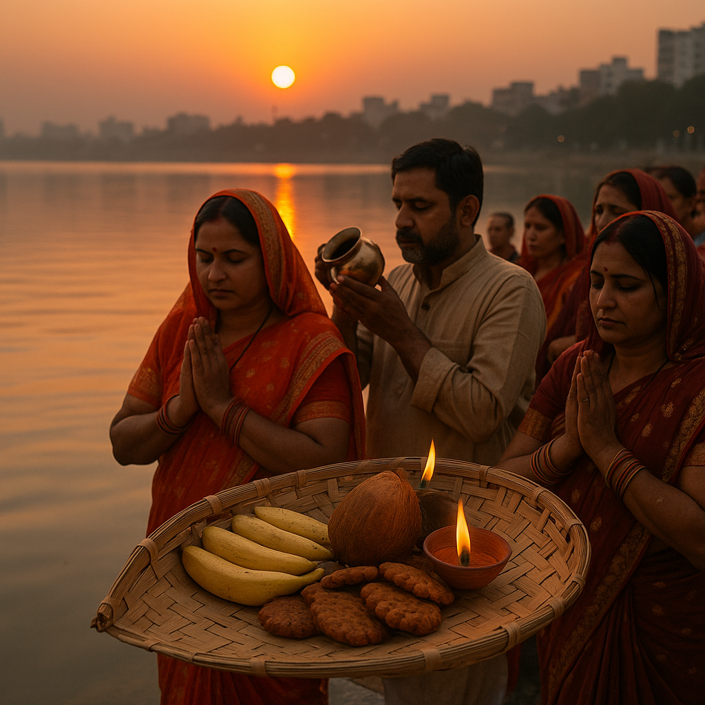 Devotees offering Arghya to the setting sun during Chhath Puja, with lamps and soop-daura near the river.