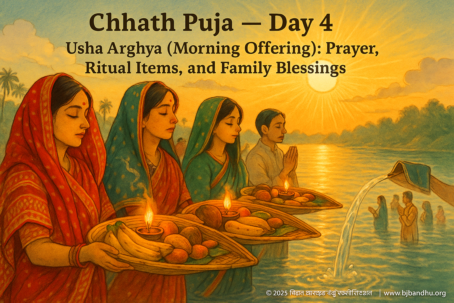 Devotees offering morning Arghya during Chhath Puja with bamboo soop and diyas near sunrise.