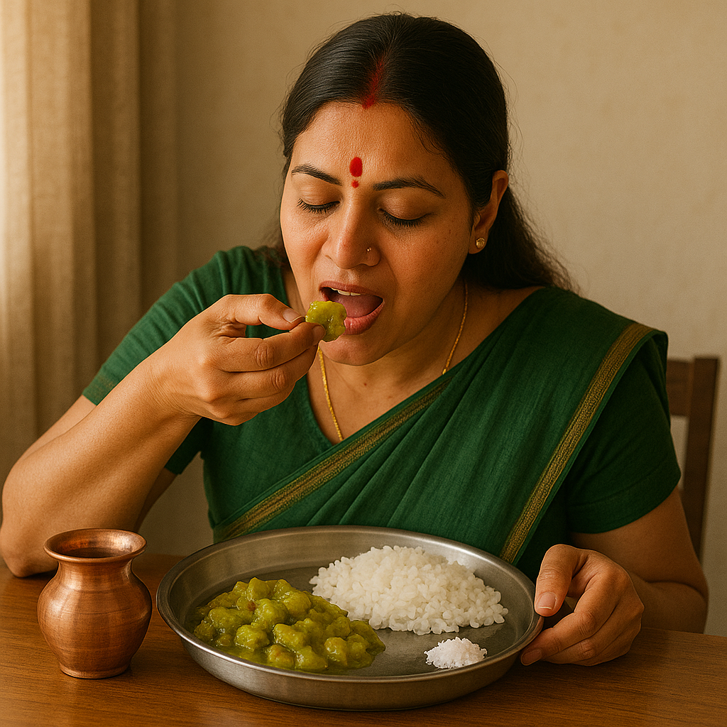 Woman enjoying Bottle Gourd Rice on Nahay Khay day with copper lota and thali nearby.